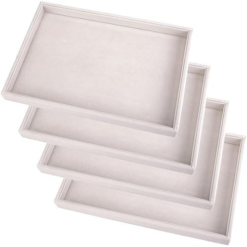 4 Pcs 13.8"x9.5" Velvet Jewelry Tray Jewelry Display Tray Stackable Plate | Jewelry Organizer Trays for Earrings Necklaces Bracelet Rings Display Showcase - Beige - color: Beige, size: Flat Tray 13.8" x 9.5"