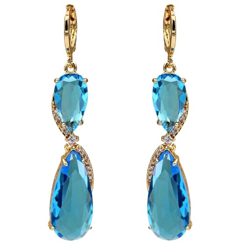 18K Gold Plated Flower Dangle Earrings for Women, Hypoallergenic Cubic Zirconia Earrings, Elegant CZ Drop Earrings, Statement Jewelry Gifts Party Fashion - style: OBS7507-Blue