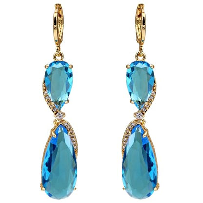 18K Gold Plated Flower Dangle Earrings for Women, Hypoallergenic Cubic Zirconia Earrings, Elegant CZ Drop Earrings, Statement Jewelry Gifts Party Fashion - style: OBS7507-Blue