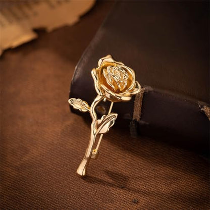 Red Rose Flower Brooches Pins for Women Men Elegant Crystal Flower Lapel Pin Retro Suit Hat Dress Accessories Wedding Valentine's Day Jewelry Gift - style: Gold