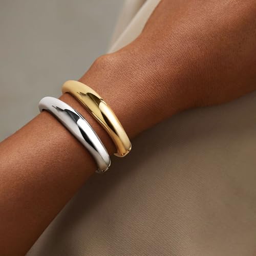 M MOOHAM Chunky Gold Bangle Bracelets for Women, Dainty 14k Gold-Plated Thicker Statement Bangles Twist Cuff Bracelet Set Stack for Women Non Tarnish Trendy Jewelry Gifts - color: 07. Round Bangles-2PCS