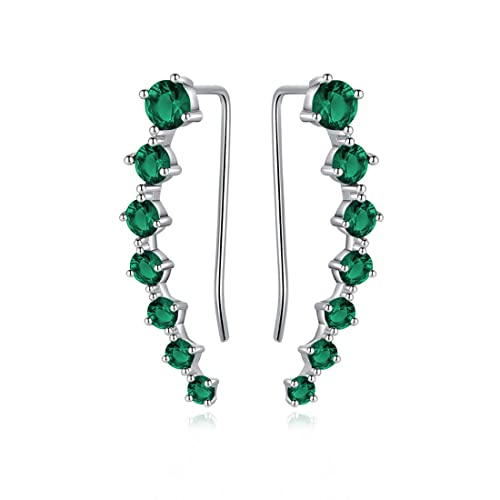Reffeer Solid 925 Sterling Silver 7 Crystals Cuff Earrings Climber for Women Crawler Earrings Wraps - color: F-Green CZ