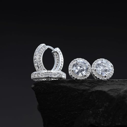 Earrings for Men 14K Gold Plated Hypoallergenic Mens Hoop Earrings | Cubic Zirconia Round/Square Stud with Huggie Hoop Earring Set,Mens Cartilage Studs for Sensitive Ear,Jewelry Gift for Him - color: Round Stud & Hoop - Silver