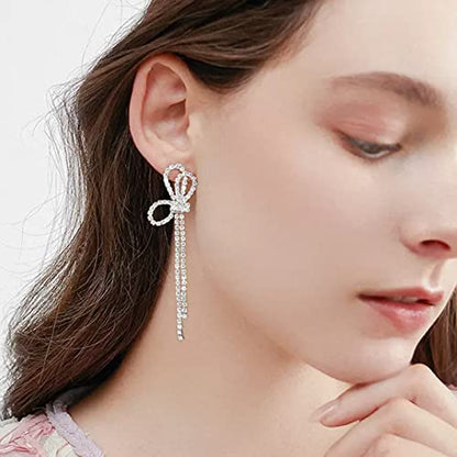 Luxval Rhinestone Earrings Dangling for Women Sparkly Silver Dangle Earrings Girls Long Chandelier Earrings Tassel Lightweight Ear Studs Cubic Zirconia Crystal Statement - color: Silver-Bow-knot Earrings