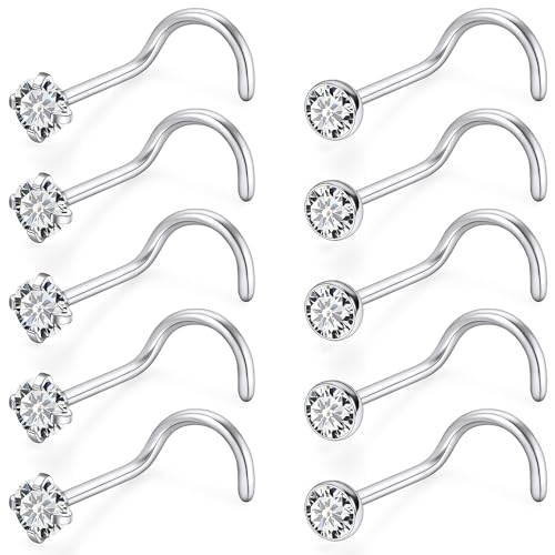 18G 20G 22G Stainless Surgical Steel Titanium Nose Rings Studs for Women L Shaped Nose Studs Screw Nose Rings Nostrial Piercing Jewelry for Women Men Silver Gold Black - style: 20G/2mm CZ/Screw/Silver