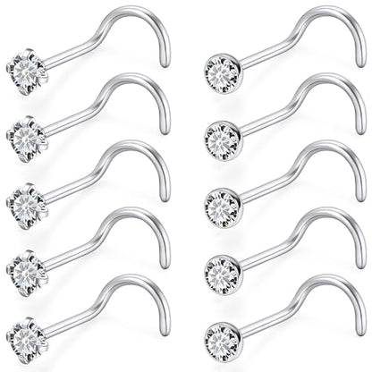 18G 20G 22G Stainless Surgical Steel Titanium Nose Rings Studs for Women L Shaped Nose Studs Screw Nose Rings Nostrial Piercing Jewelry for Women Men Silver Gold Black - style: 20G/2mm CZ/Screw/Silver