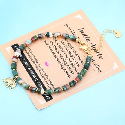 Natural Gemstone Healing Crystal Dainty Charms Bracelet Adjustable Chain Extender Minimalist Jewelry - color: Indian Agate + Elephant