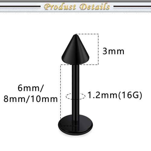 Internally Threaded Labret Studs 18G 16G 14G Surgical Steel Lip Piercing Jewelry with Claw Tool Monroe Snake Bite Jewelry Flat Back Barbell for Women Men Plus Piercing Ball Grabber Tool - color: black, size: 16g,spike end