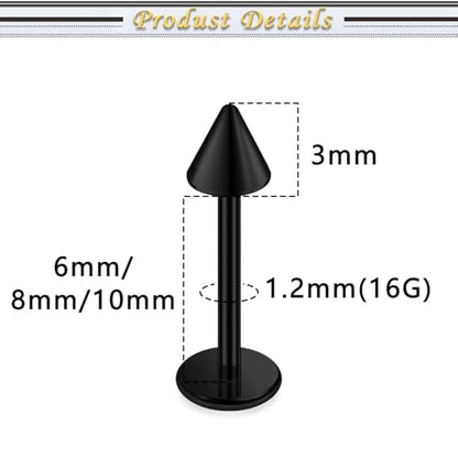Internally Threaded Labret Studs 18G 16G 14G Surgical Steel Lip Piercing Jewelry with Claw Tool Monroe Snake Bite Jewelry Flat Back Barbell for Women Men Plus Piercing Ball Grabber Tool - color: black, size: 16g,spike end