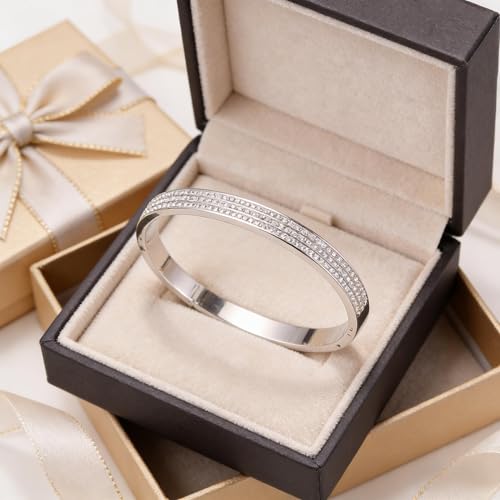 Triple-Row Rhinestone Hinged Bangle Bracelets fow Women；Sliver Plated Stainless Steel
