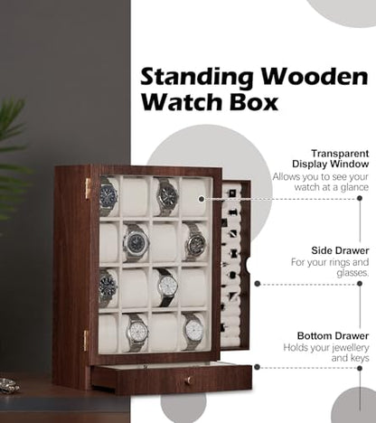 Homde Wooden Watch Box for Men: Display Case with 16 Slots | Organizer for Watches Glasses Jewelry - Nightstand Dresser Display-Clear Dustproof Window for Easy Viewing (L Size) - size: L