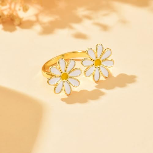 Adjustable Rings for Women 18K Gold Plated daisy Flower Butterfly Ball Cubic Zirconia Rings Dainty Open Stacking Ring - color: Double Daisy-Gold