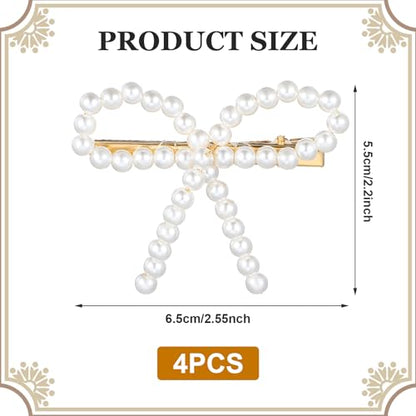 4Pcs Pearl Bow Hair Clips, Elegant Pearl Hair Accessories with Bow Design, Non-Slip Duckbill Clips for Women Girls, Perfect for Weddings, Proms, Parties, Daily Use
