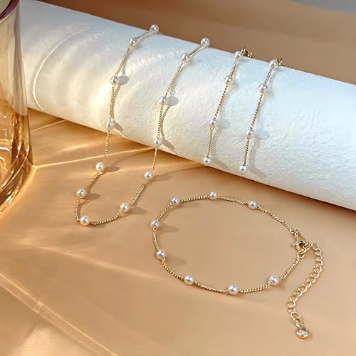 Zeffy Gold Pearl Necklace for Women, Dainty 14K Gold/Silve Plated Layered Pearl Choker Pearl Earrings Pearl Bracelets Wedding Trendy Gold Jewelry Set for Women Gifts - style: Gold Pearl Choker&Drop Earring&Bracelet-3PCS