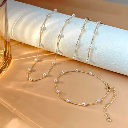 Zeffy Gold Pearl Necklace for Women, Dainty 14K Gold/Silve Plated Layered Pearl Choker Pearl Earrings Pearl Bracelets Wedding Trendy Gold Jewelry Set for Women Gifts - style: Gold Pearl Choker&Drop Earring&Bracelet-3PCS