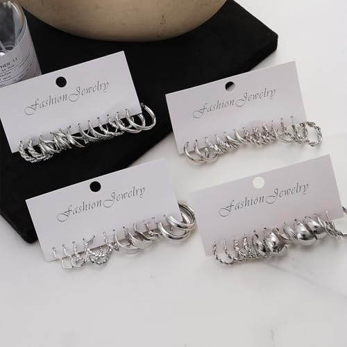 IFKM 24 Pairs Gold Hoop Earrings Set for Women Hypoallergenic Chunky Chain Twisted Open Hoops Dangle Earring Packs for Birthday Party Christmas Fashion Jewelry Gift - color: 24 Fashion silver