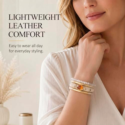Edoneery Leather Wrap Bracelets for Women, Boho Layered Cuff Bangle | Multi-layer Leather Cuff, Daily wear, Stackable Bangle, Easy on-off, Western Jewelry Gifts for Women - color: Beige-3