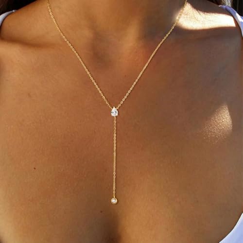 Lariat Necklace for Women, Non Tarnish Dainty Chain Stackable 14K Gold Plated Cute Trendy Layered Necklaces Elegant Jewelry Gift for Women Her - color: Gold, style: SD