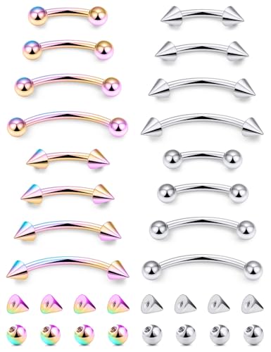 Jenxnjsjo 16g 6/8/10/12mm Silver/Gold/Black Eyebrow/Rook/Snug/Vertical-Labret/VCH/Snake-Eyes/Anti-Tragus/Christina/Daith/Belly-Button/Bridge/Hood/Surface Curved Barbell Piercing Jewelry for Women Men - color: Silver & Rainbow