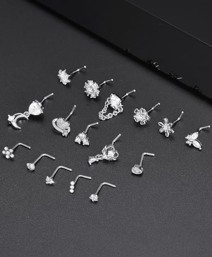 Tornito 16Pcs Nose Rings L Shaped Nose Stud Stainless Steel Butterfly Flower Leaf Heart Moon Dangle Nose Stud Ring Body Piercing Jewelry for Women Men 20G Pink Blue Clear CZ - color: B: Clear