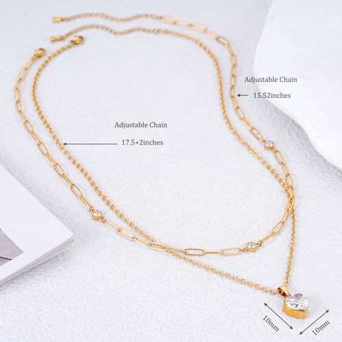 Birthstone Layered Pendant Paperclip Necklace 18k Gold Plated Heart Choker Chain Necklace Emerald Cut Jewelry Birthday Gift for Women - color: Heart Diamond