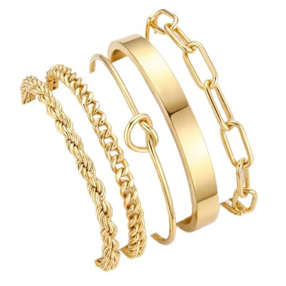 Gokeey Sterling Silver Cuff Bangle Bracelet Set for Women Waterproof, Non Tarnish S925 Silver Chunky Cuban Link Chain Heart Love Infinity Tie Knot Paperclip Beaded Twist Rope Silver Bracelets Fashion Jewelry Gifts Set - color: Gold-Stackable Bangles set