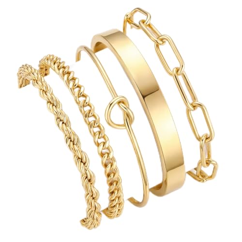 Gokeey Sterling Silver Cuff Bangle Bracelet Set for Women Waterproof, Non Tarnish S925 Silver Chunky Cuban Link Chain Heart Love Infinity Tie Knot Paperclip Beaded Twist Rope Silver Bracelets Fashion Jewelry Gifts Set - color: Gold-Stackable Bangles set
