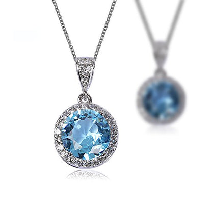 AMYJANE Halo Crystal Jewelry Set - Sterling Silver Round Cubic Zirconia Crystal Bridal Pendant Necklace Earrings Set for Wedding Bride Bridesmaids - color: Aquamarine