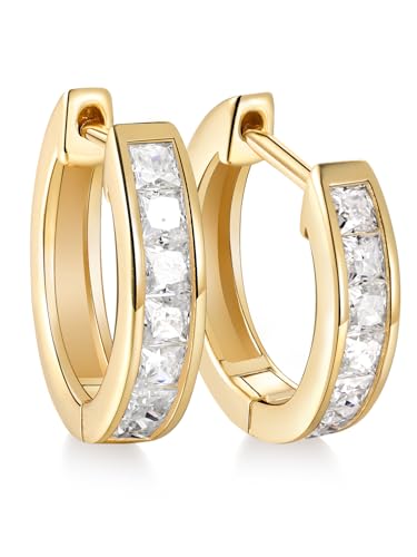 Chunky Emerald Sapphire Ruby Hoop Earrings, Princess or Round Cut, 14k Yellow Gold Plated Sterling Silver Cubic Zirconia Huggie Earings Minimalist Hoops Earrings for Women Wedding Daily Birthday - style: Princess cut -5a CZ -Gold