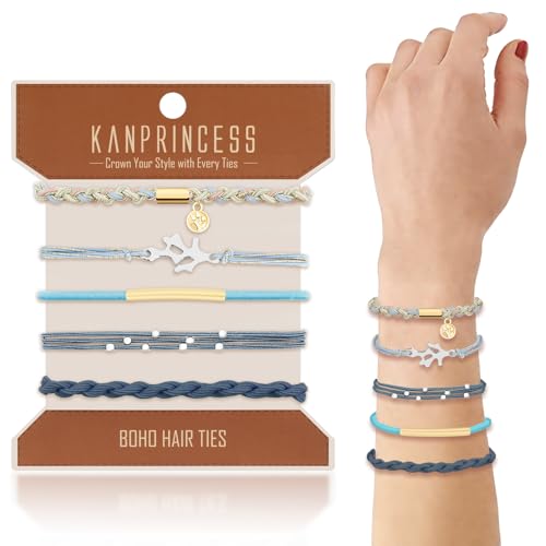 KANPRINCESS 5 Pcs Boho Hair Ties, Bracelet Hair Bands for Women Girls | Elastic hair ties & bands, ponytail holders for daily, sport, cooking, working. Stretchable, snag-free, durable. - color: Set16