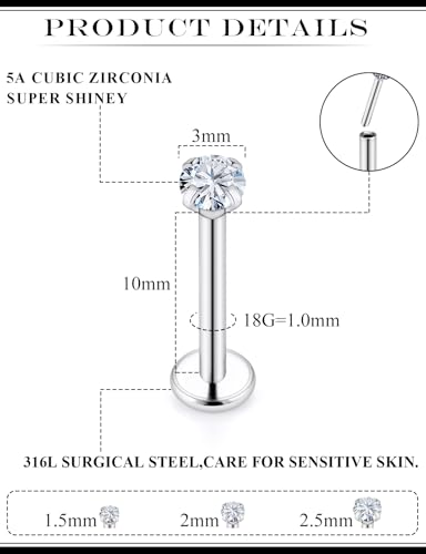 20G 18G 16G Threadless Flat Back Earrings Nose Stud 316L Surgical Steel Medusa Labret Monroe Lip Ring Tragus Forward Helix Conch Cartilage Lobe Earrings Stud Piercing Jewelry For Women Men - size: 18G-10MM Length