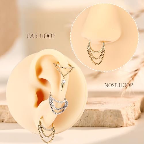 AROWRO Chain Septum Rings 316L Surgical Steel Septum Clicker Daith Piercing Jewelry Dangle Nose Rings for Women 16G 8/10mm Conch Cartilage Hoop Seamless Hinged Septum Jewelry with Clear CZ/Opal - color: Style-5-Silver cone dangle&Clear CZ, size: 16G-8mm