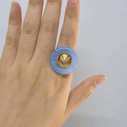 Seashell Starfish Round Circle Open Statement Ring for Women Stainless Steel Sea Star Spiral Conch Scallop Adjustable Rings Boho Resin Geometric Summer Ocean Beach Band Comfort Fit Fashion Jewelry - color: Blue