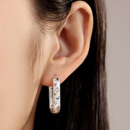Floral Hoop Earrings 925 Sterling Silver with 14K Gold Plating – Lightweight CZ Flower Hoops | Hypoallergenic Jewelry for Women | Gift Box + Polishing Cloth - color: A-25mm Stars and Moon earrings