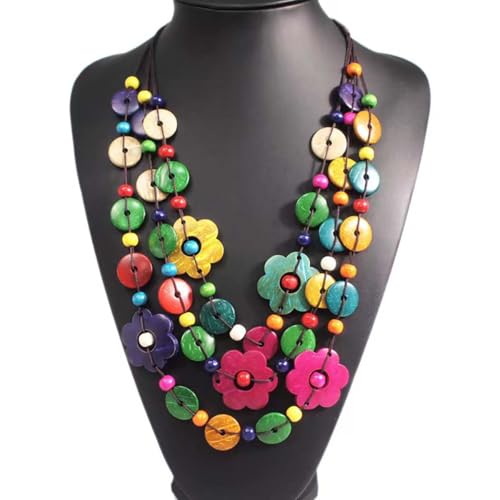 Boho Necklace for Women Long Layered Wooden Leather Leaf Pendant Statement Necklace Vintage Boho Jewelry - style: Flower A