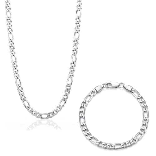 Stainless Steel Figaro Link Chain 7 Inches Silver Bracelet+18 Inches Necklace