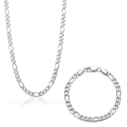Stainless Steel Figaro Link Chain 7 Inches Silver Bracelet+18 Inches Necklace