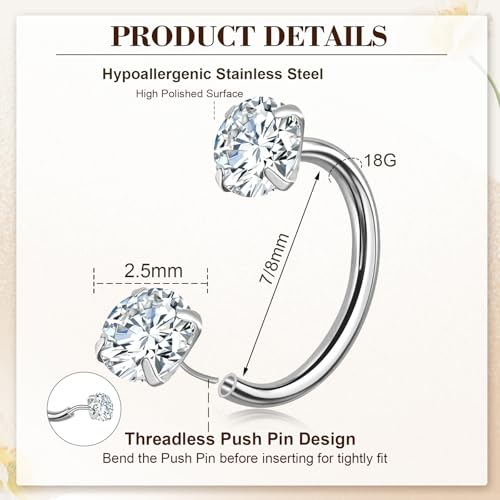 ONESING 9-40 Pcs Nose Rings - Hoops, Studs & L Shape - Hypoallergenic Stainless Steel Nose Piercings for Women & Men - color: 2Pcs-18G-Silver
