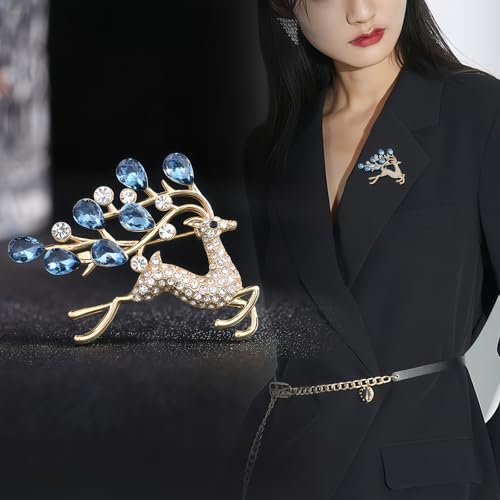 2pcs Rhinestone Brooch Pin for Women Dress Elegant Stylish Crystal Brooches Fashion Accessories Pins Lapel Boutonniere Ideas Wedding Christmas Birthday Jewelry Easter Gift - color: 17 Blue Deer/Red Heart