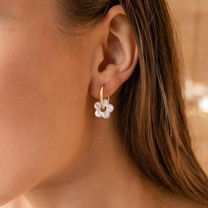 Robaice Pearl Earrings for Women, 14K Gold Plated Dangle Drop Earrings | Small Pearl Drop Huggie Hoop Earrings, Hypoallergenic Dainty Gold Earrings, Wedding Jewelry Gifts for Women Trendy - style: gold flower-1