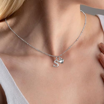 Heart Initial Necklaces for Girls, Letter A-Z Silver Necklace | Silver Plated, Heart Initial Necklaces for Girls, Necklace for Women, Teen Girl Gifts, Dainty Heart Necklaces, Birthday Gifts - color: S