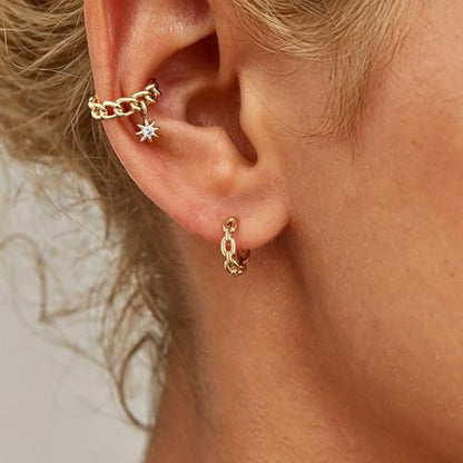 DREMMY STUDIOS Gold Dainty Huggie Hoop Earrings 18K Gold Plated Exquisite Open Tassel Dangle Charm Drop Sleeper Geometric Cross Coin Star Heart White CZ Simple Hypoallergenic Earrings for Women - color: Chain-A