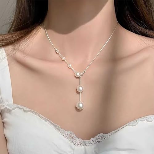 Vintage Pearl Y Lariat Necklace Minimal Pearl Pendent Necklace Silver Snake Chain Necklaces Long Pearls Drop Necklaces Round Beads Choker Wedding Bridal Jewelry for Women