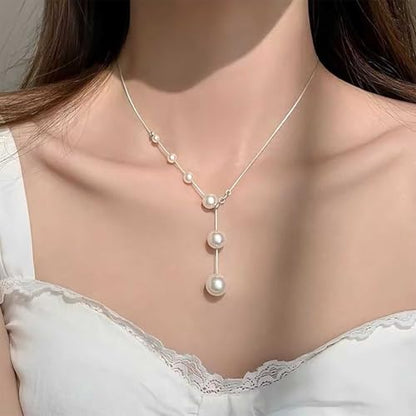 Vintage Pearl Y Lariat Necklace Minimal Pearl Pendent Necklace Silver Snake Chain Necklaces Long Pearls Drop Necklaces Round Beads Choker Wedding Bridal Jewelry for Women