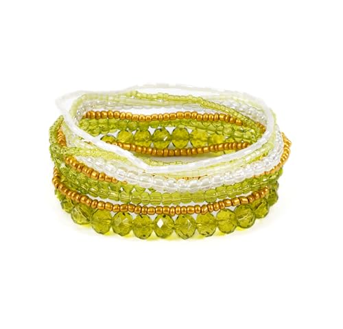 Boho Colorful Stackable Crystal Glass Beads Stretch Bracelets Multilayered Bracelets for Women Bohemian Jewelry - color: Green 9pcs