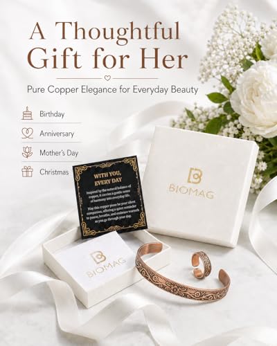 BioMag Pure Copper Bracelet & Ring for Women Men, 99.99% Solid Handmade Copper Cuff Bangle, Adjustable Jewelry Gift with Gift Box - color: Copper-Flower