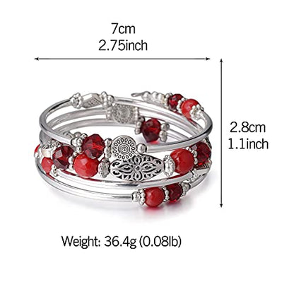FULU AUTUMN Stackable Beaded Bracelets for Women Boho Wrap Silver Bracelet Layered Fashion Jewelry Gifts for Her - color: Red