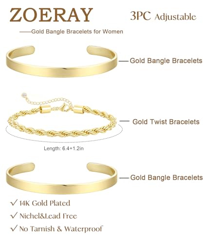 ZOERAY Silver Gold Bangle Bracelets for Women Non Tarnish 14k Gold Plated Stackable Cuff Bracelets for Women Trendy Cubic Zirconia Stainless Steel Chunky Bracelet Stack Set Waterproof Jewelry Gifts - color: C.Rope-Gold