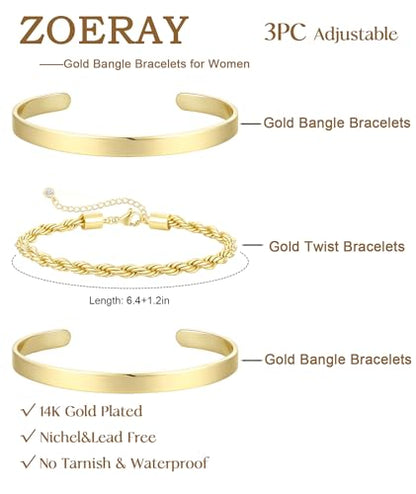 ZOERAY Silver Gold Bangle Bracelets for Women Non Tarnish 14k Gold Plated Stackable Cuff Bracelets for Women Trendy Cubic Zirconia Stainless Steel Chunky Bracelet Stack Set Waterproof Jewelry Gifts - color: C.Rope-Gold