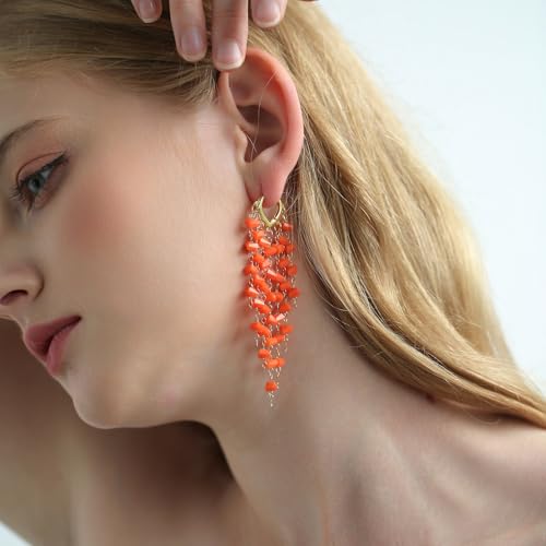 Fringe Hoop Dangle Earrings, Long Beads Tassel Chain Earrings for Women Sparkly Chandelier Earrings - color: Orange